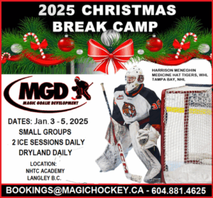 Hockey goalie camp advertisement with Christmas theme.